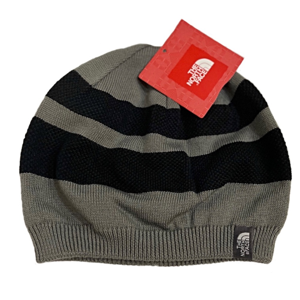 NWT TNF The North Face Black / Grey Striped Brigadier Knit Beanie, Unisex